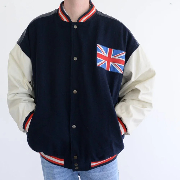 Vintage 90S Steve And Barrys British Flag Navy And Cream Wool Blend Faux Leather - Picture 1 of 16